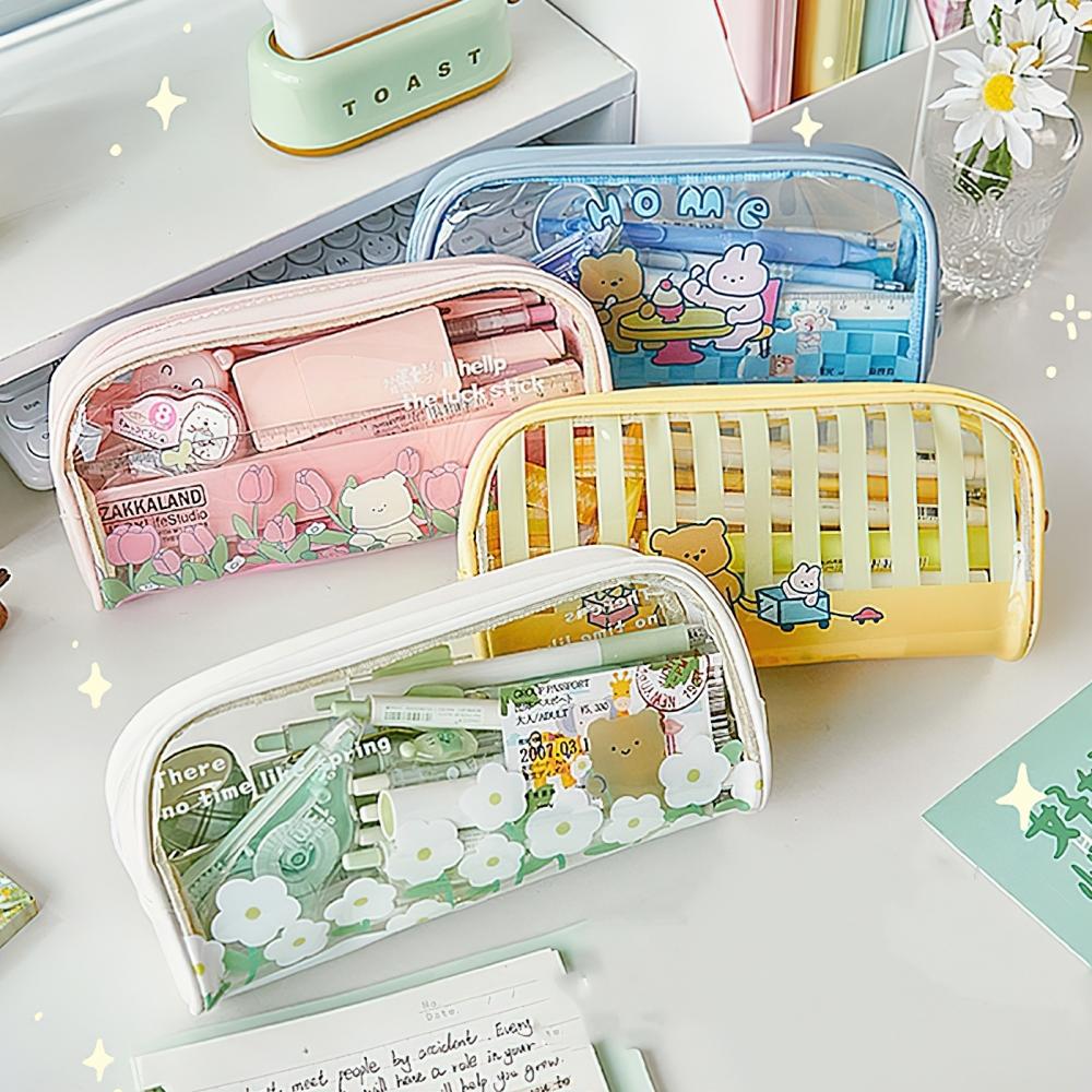 Spring Collection Pen Bag Pencil Case PU PVC Transparent Flower Storage Pouch for Stationery School
