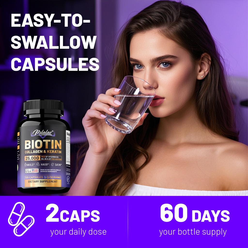 Le capsule di biotina, contenenti acido ialuronico ed estratto di collagene, supportano la salute di capelli, pelle e unghie.