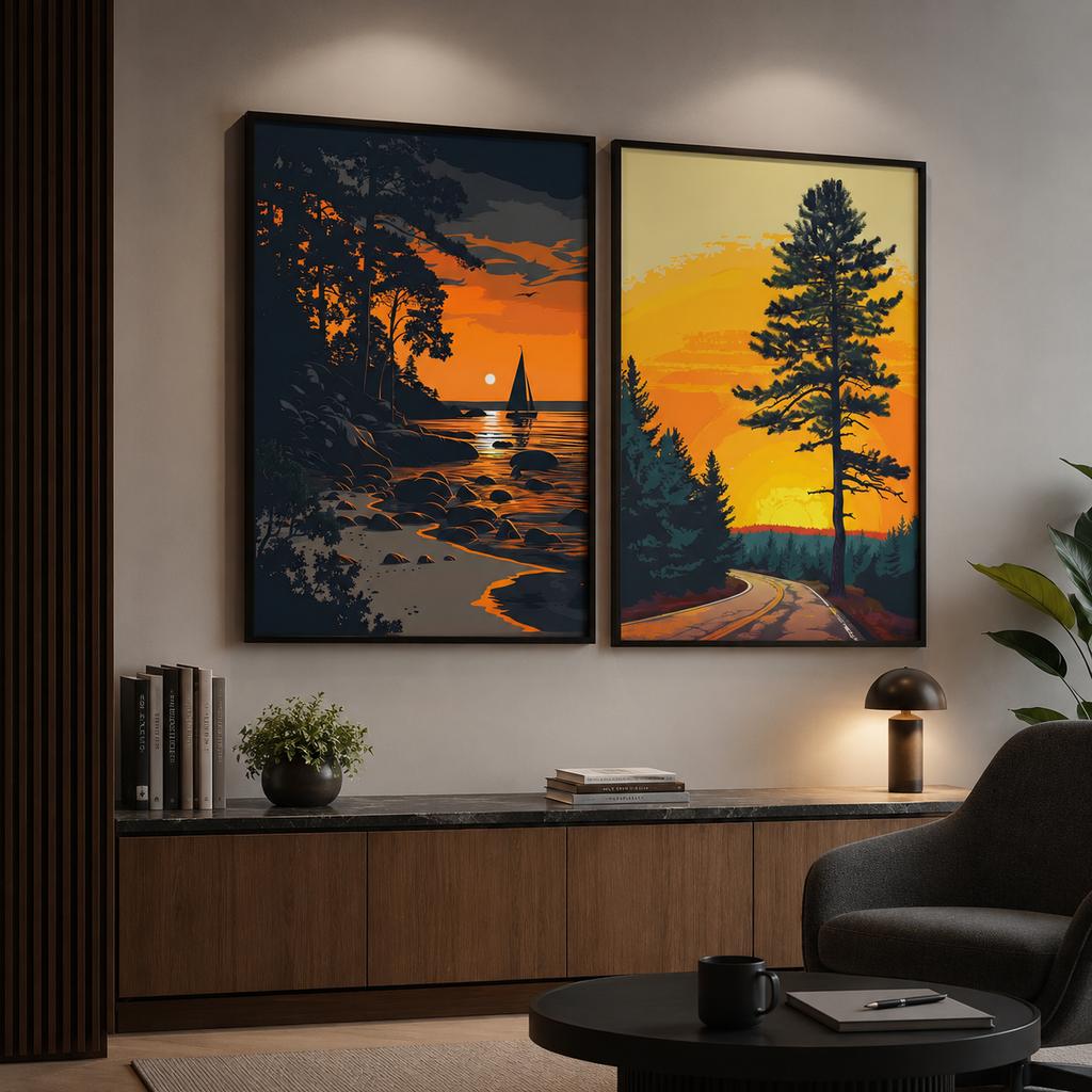 Nature Landscape Wall Art Western Sunset Scenery Canvas Painting Vintage Poster Print for Living Room Bedroom Wall Decor