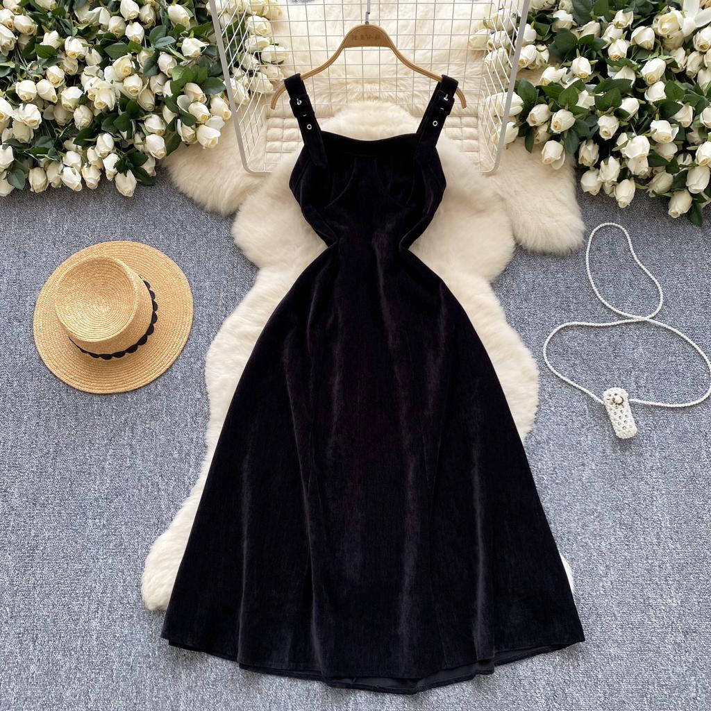 Toamnă Iarnă Anglia Stil Vintage Femei Rochii Midi Lungi din Catifea Cord cu Bretele Spaghetti