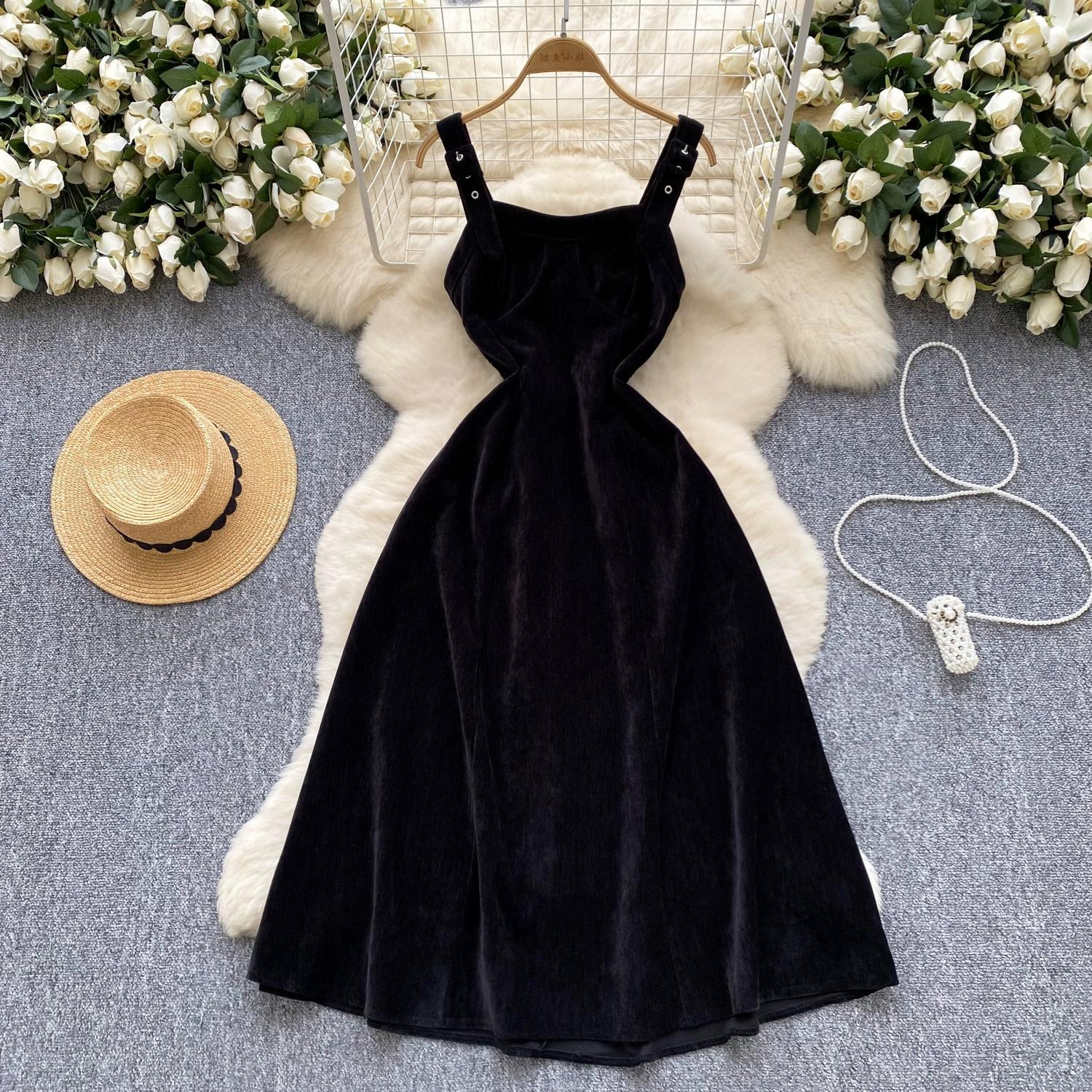 

Осень Зима Англия Винтажный Стиль Женские Платья Миди на Тонких Бретелях из Вельвета XL чёрный