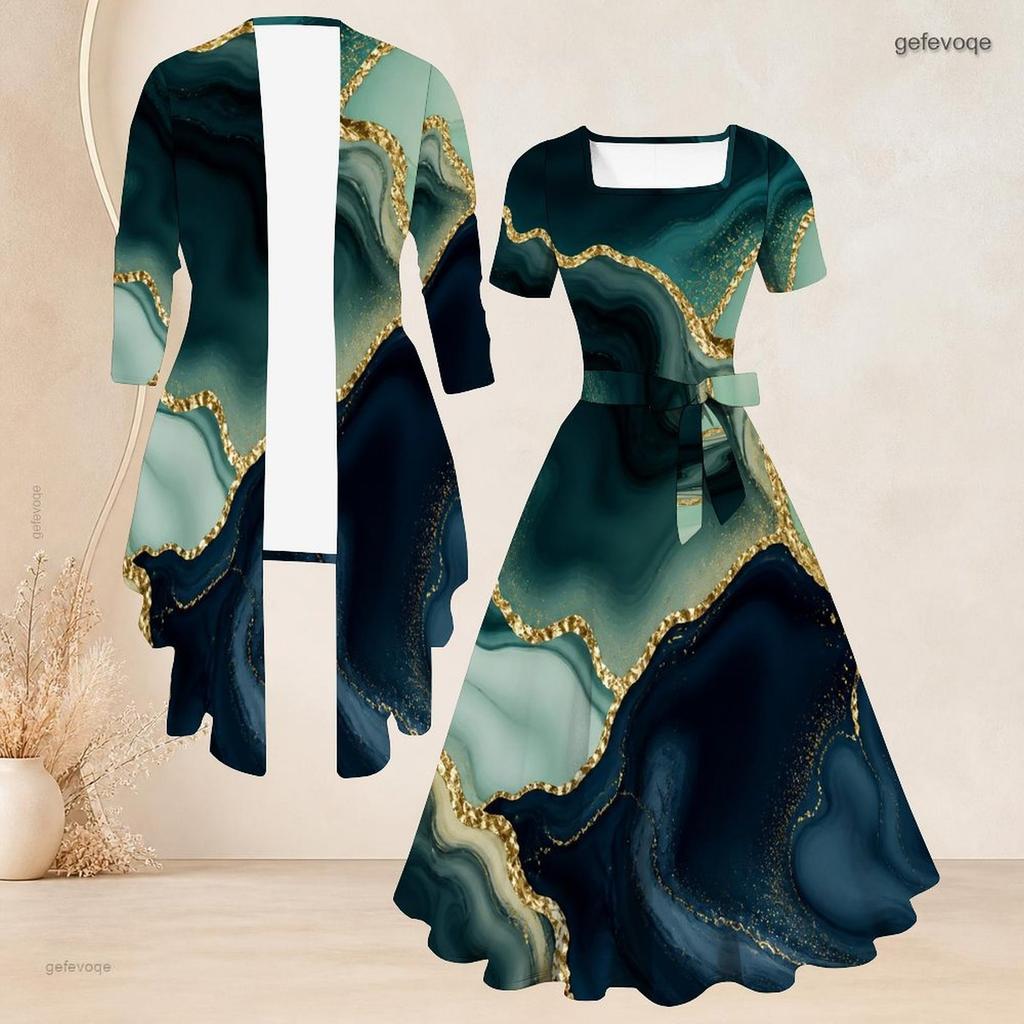 Women Plus Size Two Piece Outfit Square Neck Short Sleeve Tie Waist Flared Dress 3 4 Sleeve Open Cardigan Colorful Printed