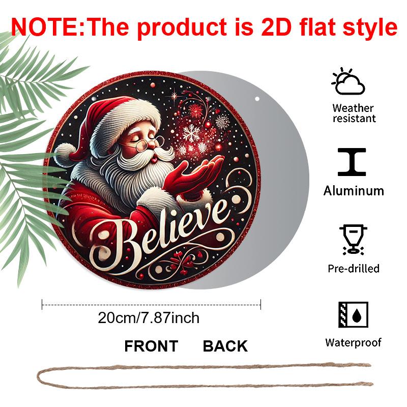 2D Flat, 1pc Round Aluminum Hanging Sign, Dark Snowy Background Classic Santa Claus Snowflake Believe Cursive Print, Farmhouse Front Porch Patio Yard