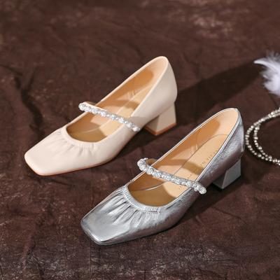 Sheepskin Version of Soft Leather Pleated Square Head Mary Jane Shoes Women's Thick Heel Single Shoes Pearl Chain Word with Autumn