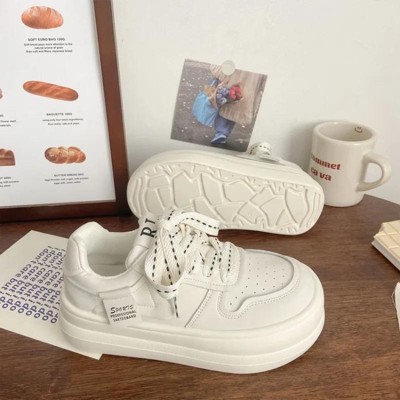 Fashion 2024 Pure White Shoes for Women Platform Cute Round Toe All-match Pu Leather Sneakers Athletic Casual Vulcanized Zapatillas