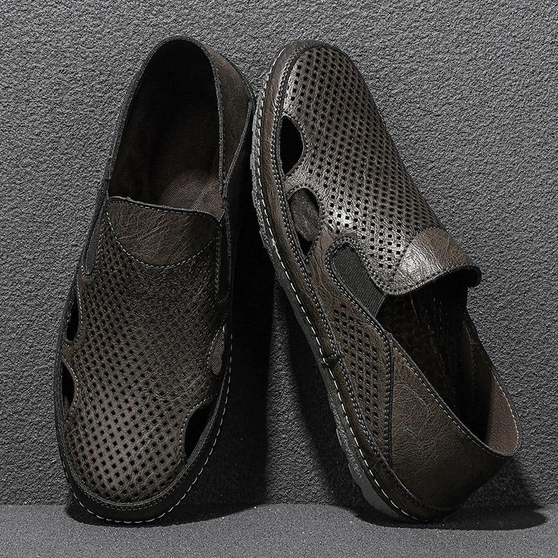 Fashion Outdoor Sandals for Men Summer Slip on Shoes Microfiber Leather Male Casual Shoes Hollow Out Loafers Breathable Driving Footwear