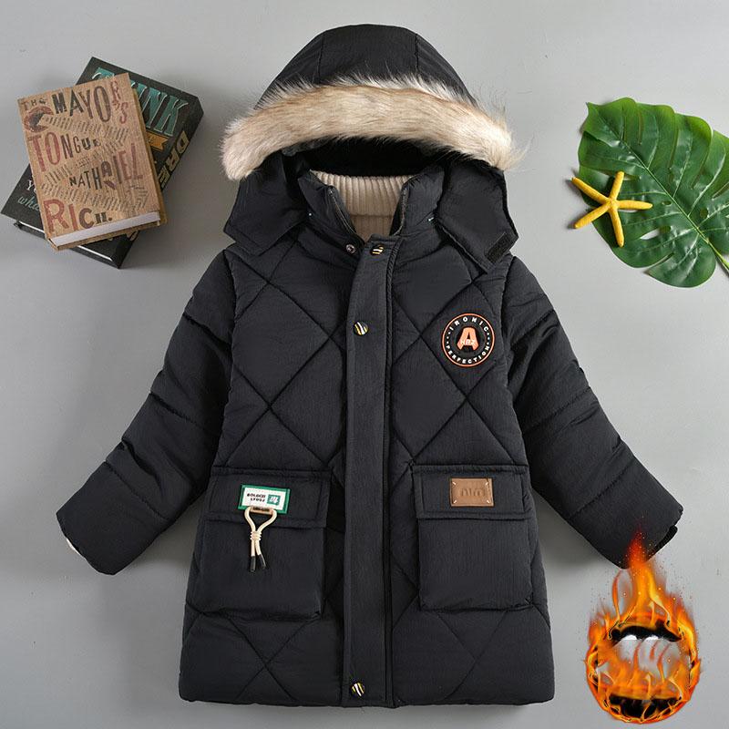 Winter Boys Medium To Long Thick Jacket Solid Color Lining Keep Warm Hooded Zipper Outerwear for Teen Kids Snowsuit