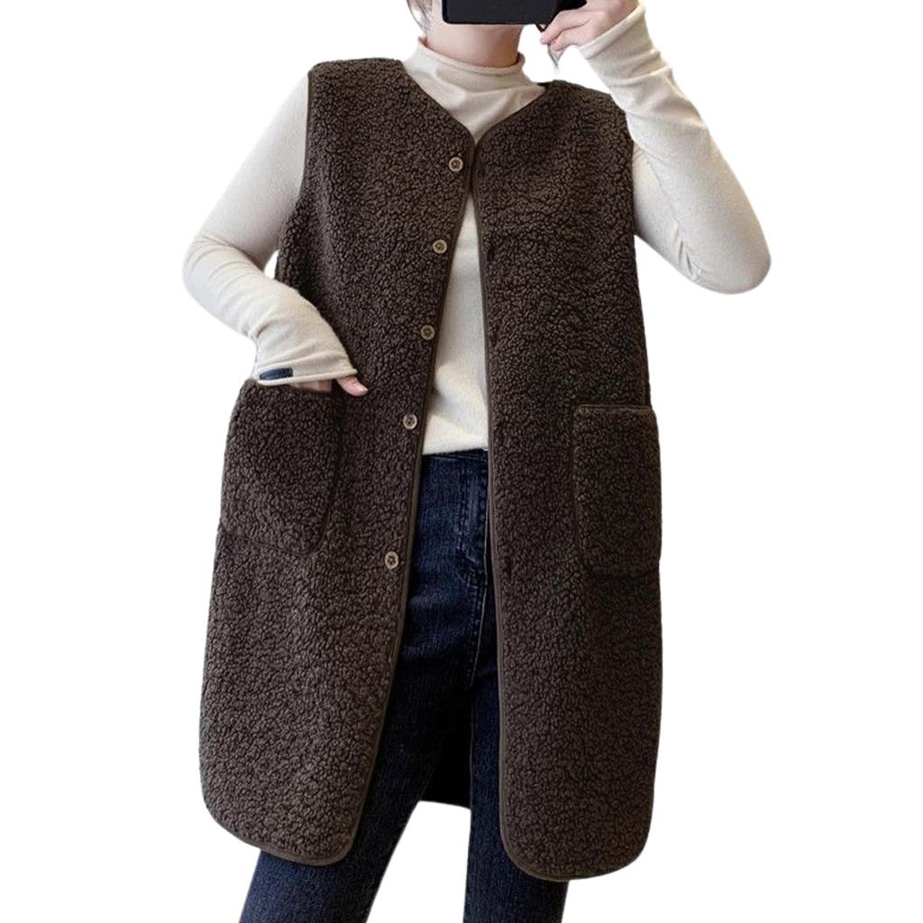 Augseed Sleeveless Boa for Solid with Long Plus Loose Button Cold Protection Women's Vest/Gilet Autumn/Winter, Color, Fluffy, Open-Front, Pockets,