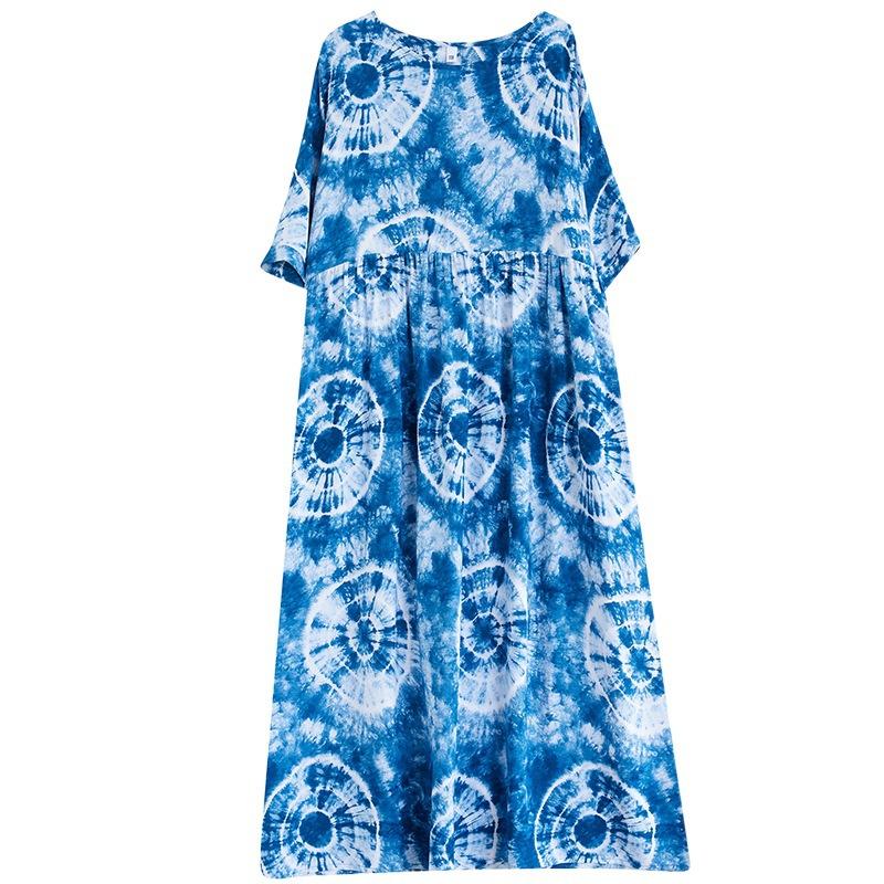 Thin Cotton Round Neck Tie Dye Printed Simple Medium Long Dress for Women Casual Dresses