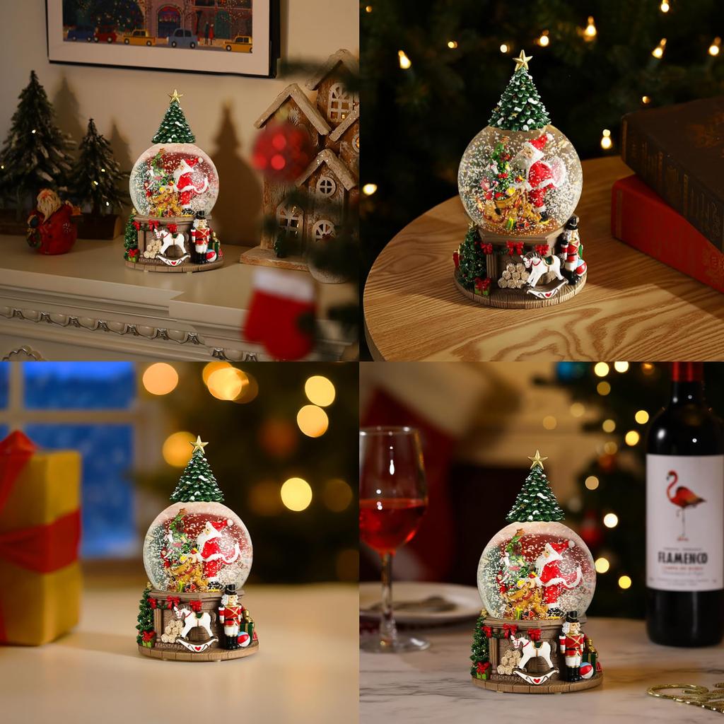 Lewondr Christmas Snow Christmas Tree Snow Globe with Automatic 8 Christmas Automatic Christmas Home Christmas Santa Globe with Fireplace Base Globe,