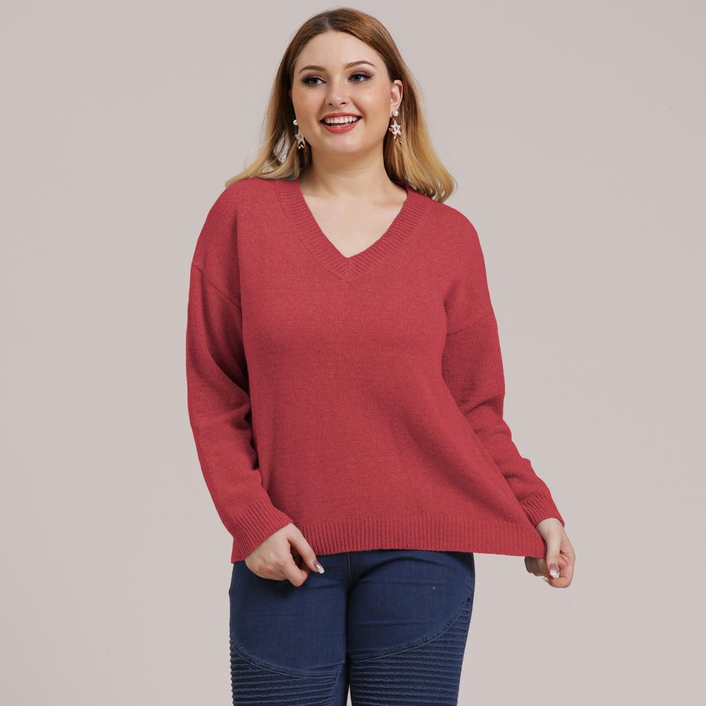 Autumn and Winter Plus Size Women's Solid Colour Simple Woven V-neck Pullover Jumper