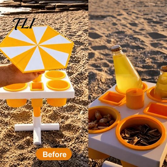 Portable Outdoor Tray Beach Snack & Drink Table, 3D Printed Sand Table with 6 Compartments, Travel Coffee Cup Holder Mini Beverage Slots for
