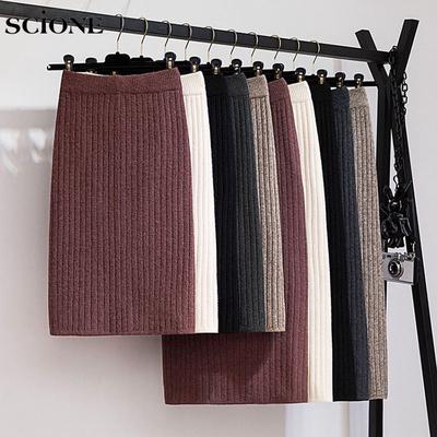 SCIONE 65-75CM Elastic Women Skirts Autumn Winter Warm Knitted Straight Skirt Ribbed Mid-Long Skirt