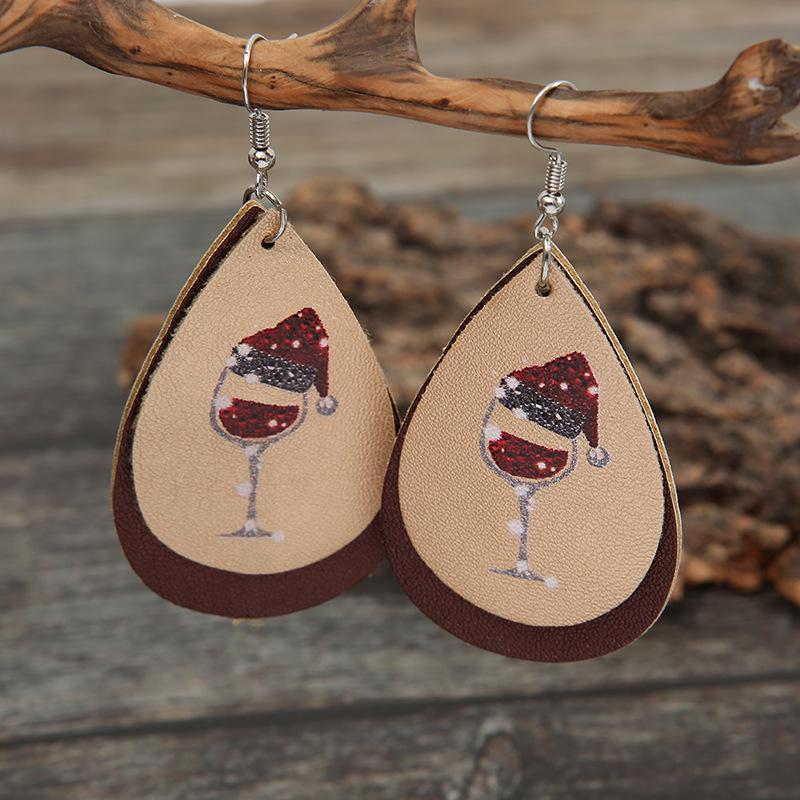European & American Christmas Series: Red Wine Glass with Christmas Hat Leather Double-Layer Water Drop Women's Earrings