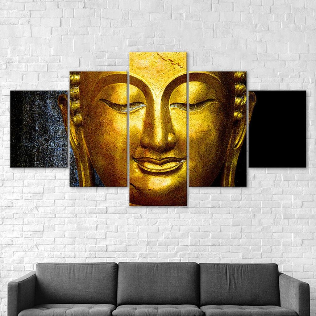 Golden Buddha Face Statue Canvas 5 Piece Wall Print Multi Panel Modern Art Poster Home Decor Picture Gift For Him For Her