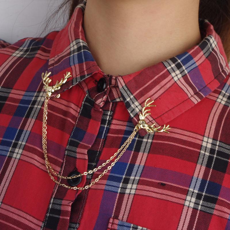 Korean Style Men's Shirt Collar with Deer Head Brooch and Chain Buckle