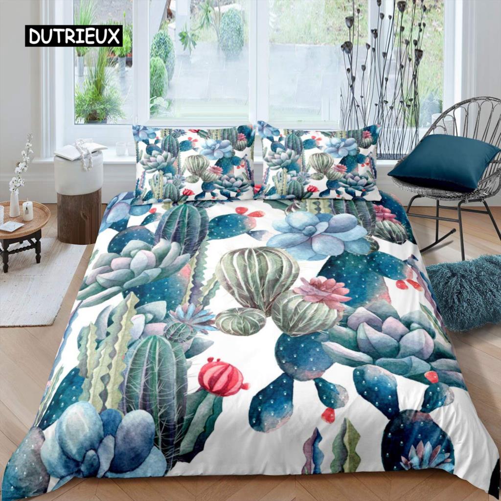 Sukkulenten Bettbezug Set Grüne Pflanze Tropisches Botanisches Bettwäsche Set Aquarellmalerei Stilvolles Naturthema Twin Quilt Cover