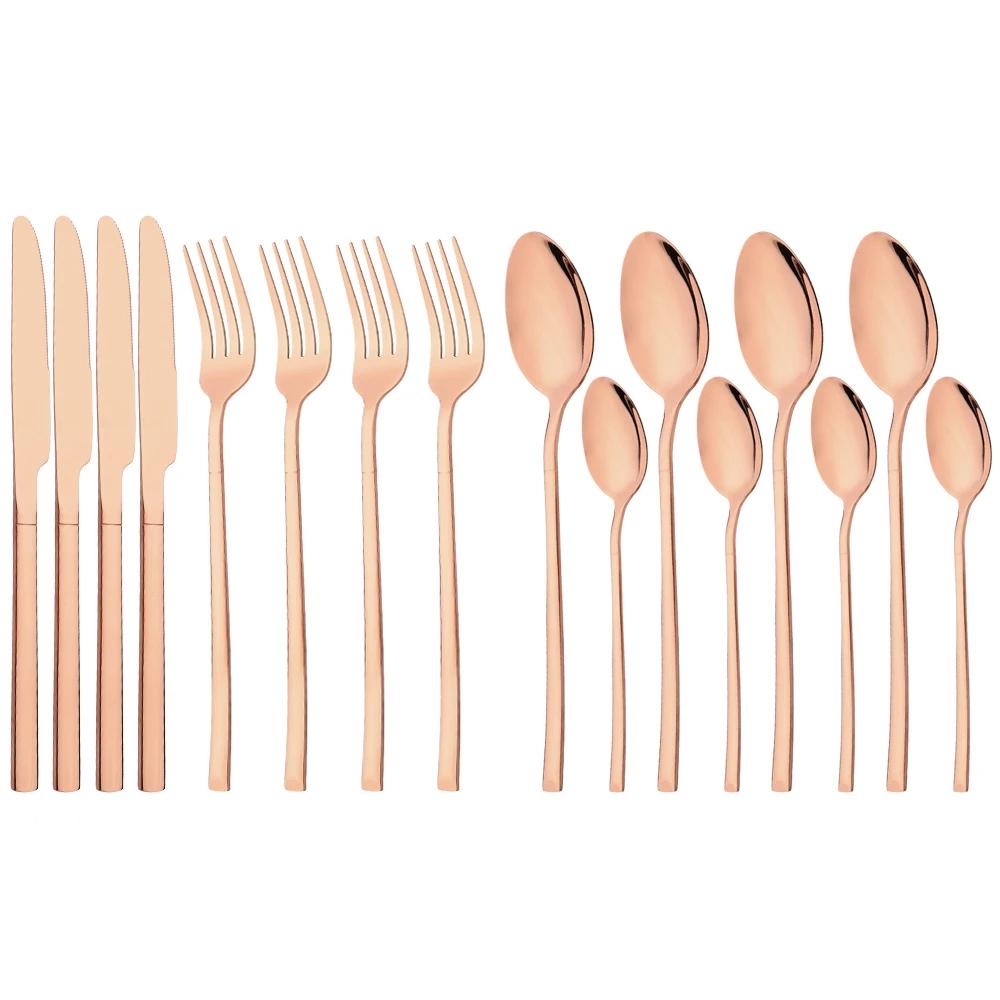 16Pcs Rose Gold Dinnerware Set Knife Fork Coffee Tea Spoon Cutlery Set Stainless Steel Tableware Western Home Kitchen Flatware
