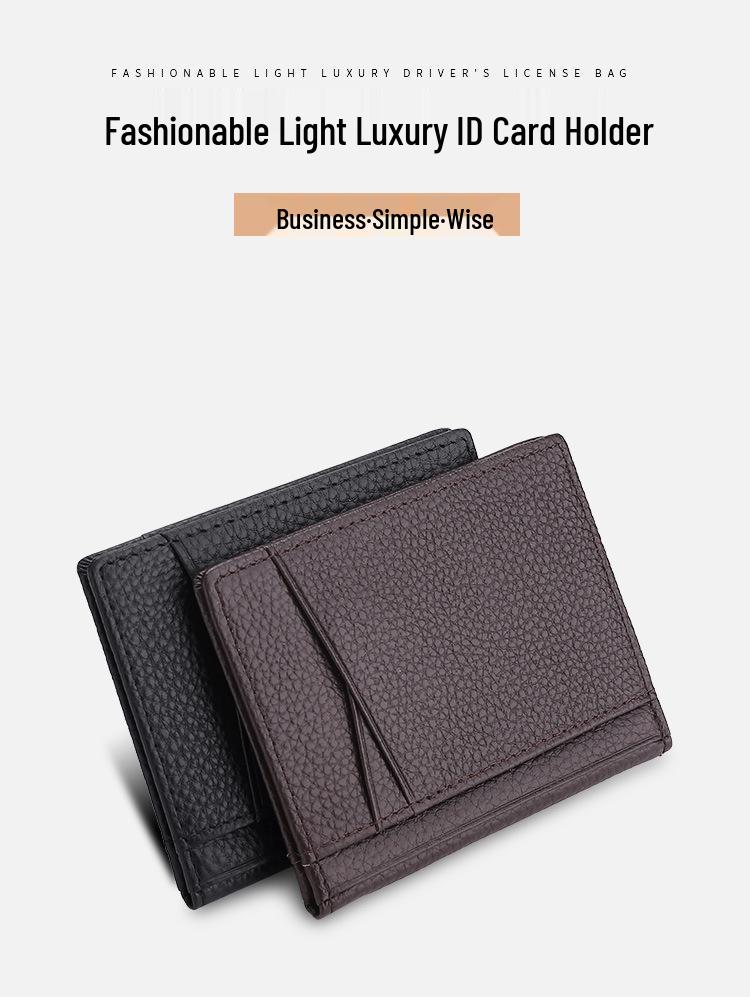 Ultra-Thin Genuine Leather Bifold Wallet with Multiple Card Slots & Litchi Grain