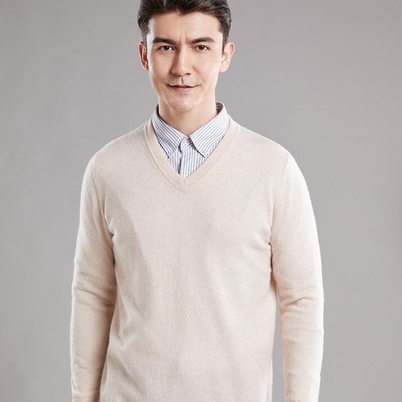 Men's 100% Pure Wool V-Neck Sweater, New Autumn/Winter Business Casual Soft Knit, Long-Sleeve Base Layer.