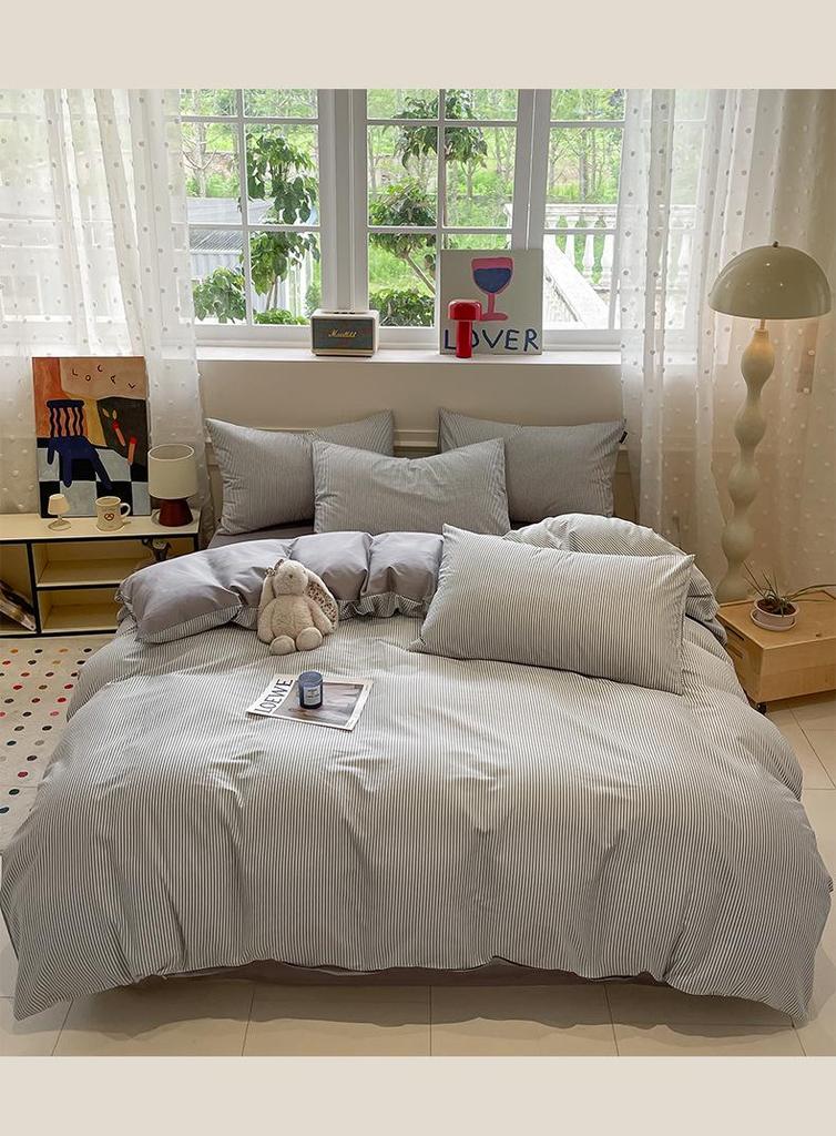 New 100% Cotton Simple Stripe Bedding Set – Includes Duvet Cover, Fitted Sheet, and Four-Piece Set for Dorms