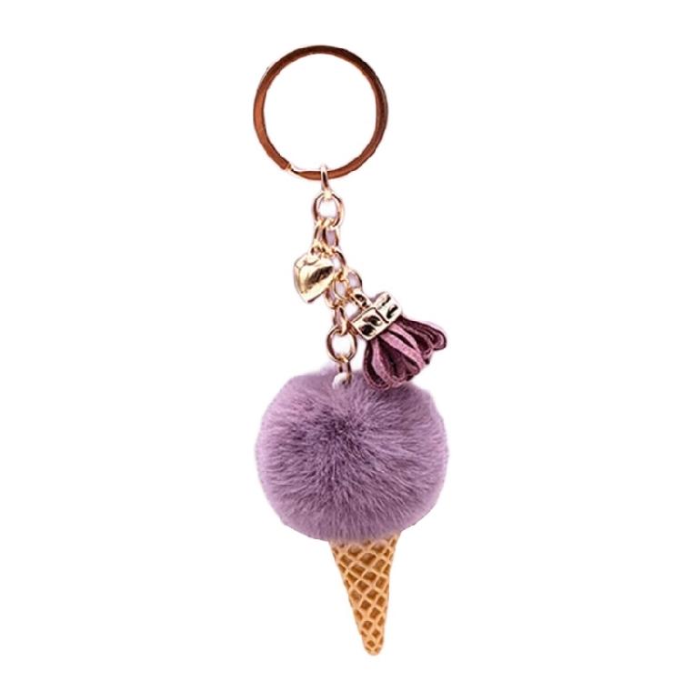 

Handmade Women s Ice Cream Key Chain Colorful Plush Pompoms Keyring Styish Faux Furs Charm for Bag and Accessories фиолетовый