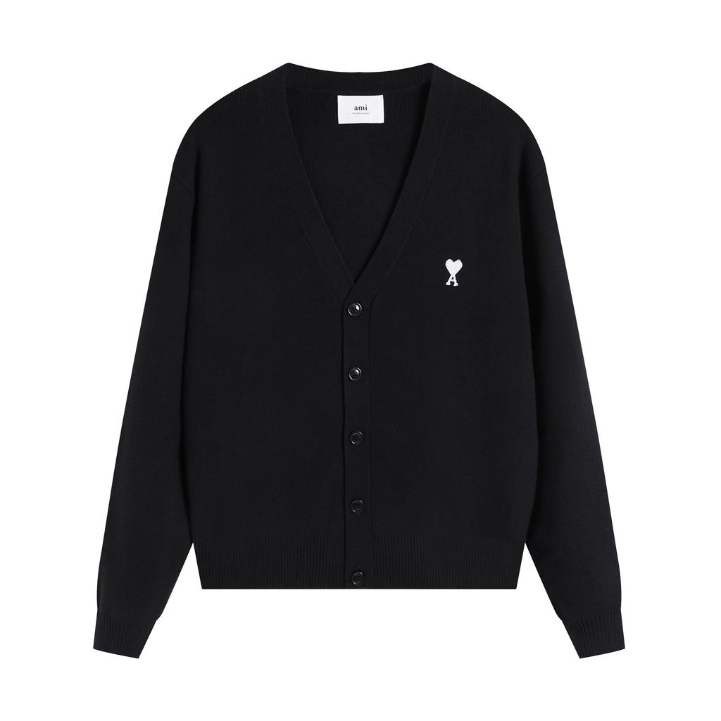 AMI Jesień i Zima Męski Nowy Małe Białe Serce Mieszanka Wełny Alpaki Miękki i Przyjemny Dzianinowy Kardigan Okrągły Dekolt Sweter Chmurka Kieszeń Płaszcz