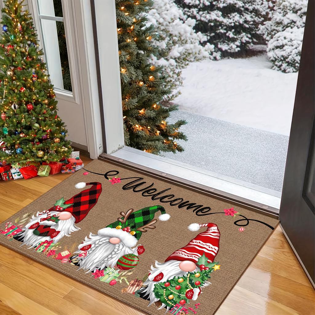 Festive Christmas Gnome Welcome Doormat Seasonal Charms, Durable Polyester Holiday Mat for Winter Home Decor , Christmas Decorations