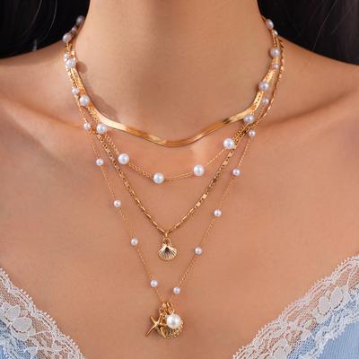 4ks/sada Náhrdelník s hadím řetízkem z imitace perel Trendy přívěsek Hvězdice Hřebenatka Vícevrstvý choker náhrdelník pro ženy Estetické svatební šperky na krk