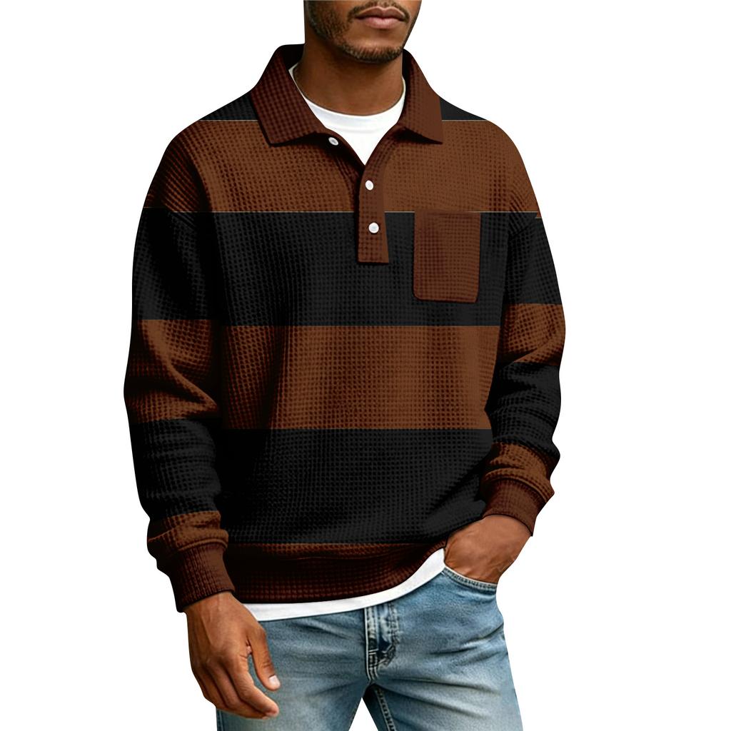 Herren Gestreiftes Einreihiges Langarmhemd Mit Kragen Und Taschen Lässiges Sport-T-Shirt