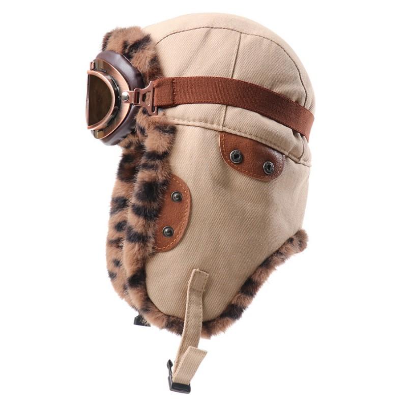 Winter Warm Fleece-Lined Canvas Beanie Hat With Ear Protection Leopard Print Unisex Outdoor Windproof Cap