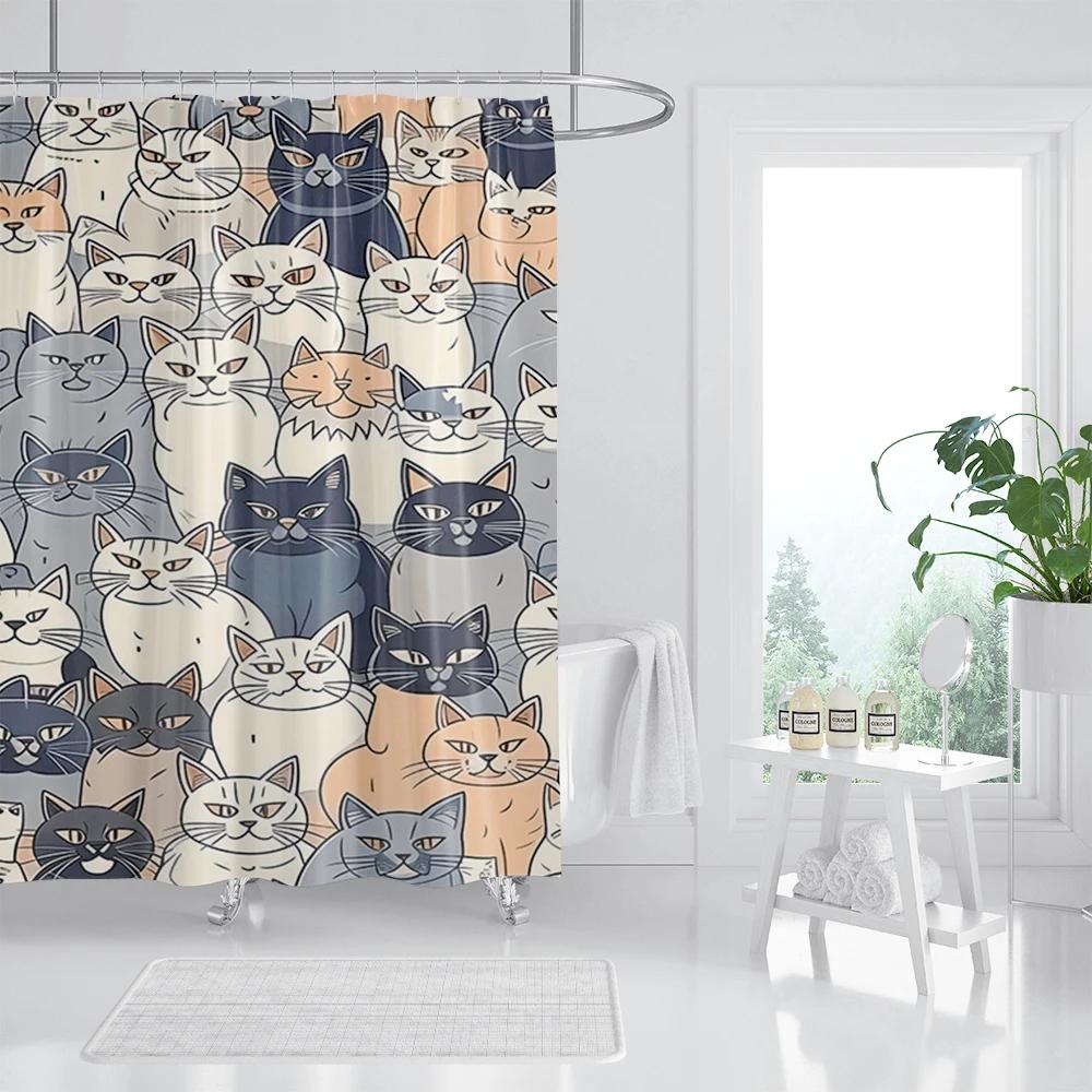 Cat Printed Shower Curtain Color Cartoon Lovely Animal Bear Polyester Fabric Hanging Curtains Bathroom Bathtub Decor with Hook