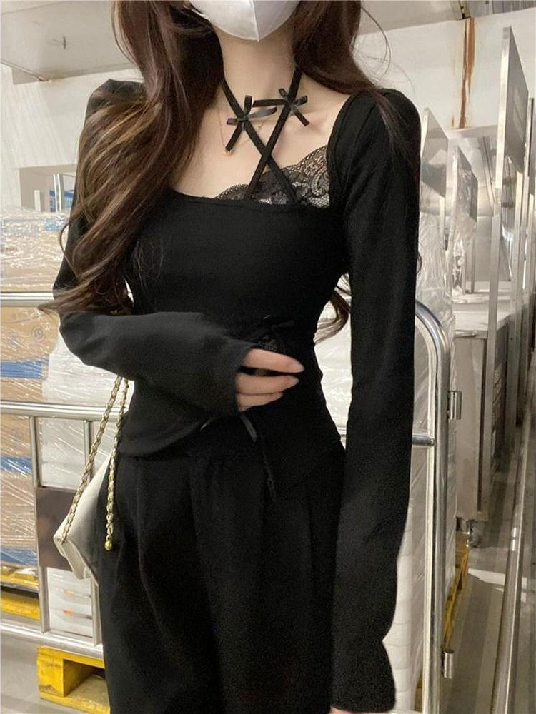 Spicy Girl Halter Lace Patchwork T-shirt: Sexy Autumn/Winter Women's Base Layer