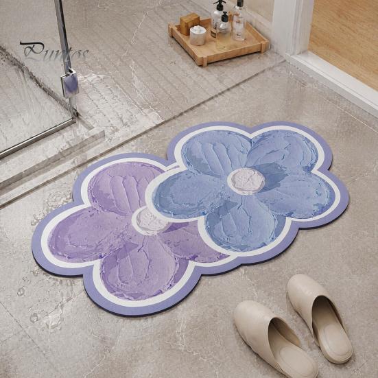 Quick Dry Shower Mat Double Flower Bath Mat, Super Absorbent Diatomaceous Earth Rug, Non-Slip Floral Washable Drying for Bathroom Floor Home Entrance
