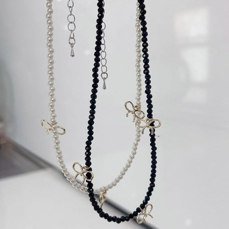 Fashion Elegant Bowknot Charm Necklace Crystal Beaded Clavicle Chain Choker Necklace Statement Jewelry Neck Chain