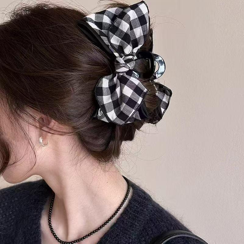 2025 High-End Bow Plaid Shark Claw Clip for Women - Elegant Large Hair Accessory