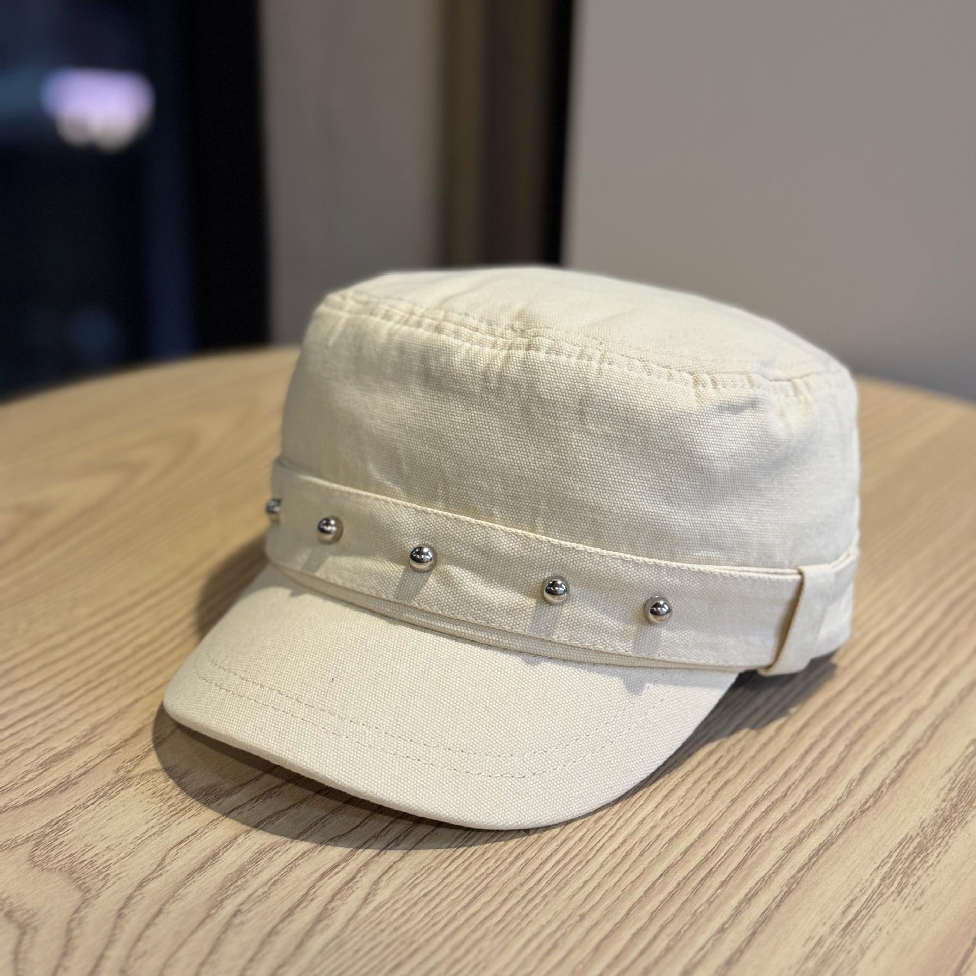 Vintage Style Rivet Washed Cotton Newsboy Cap For Women Japanese-Style Artistic Flat-Top Hat Versatile Military Cap