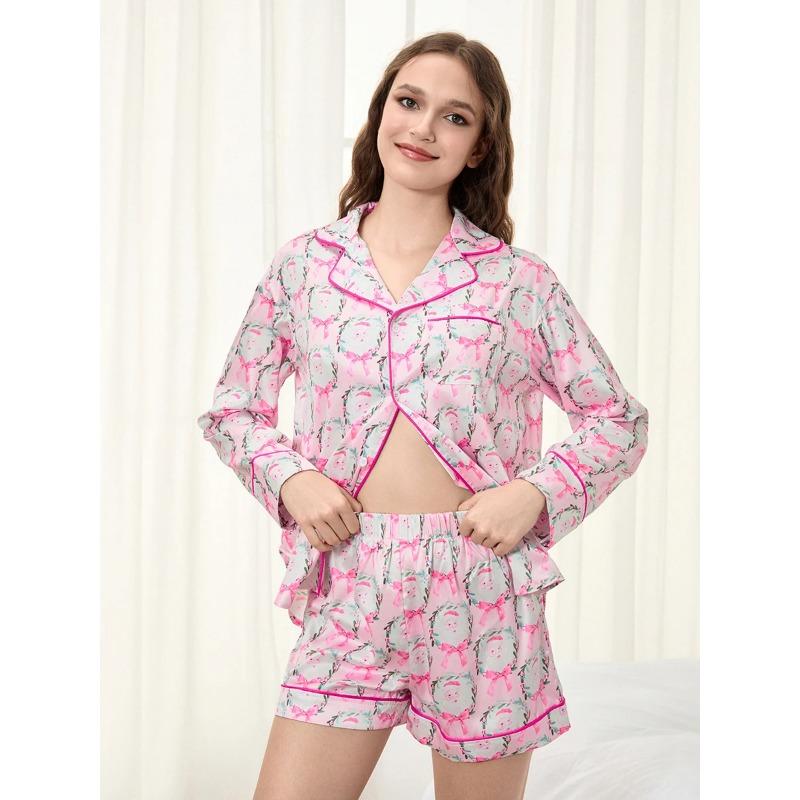 Women Christmas Pajama Shorts Set Santa Colorful Print Nutcracker Pjs Long Sleeve Shirt Shorts 2 Piece Holiday Loungewear