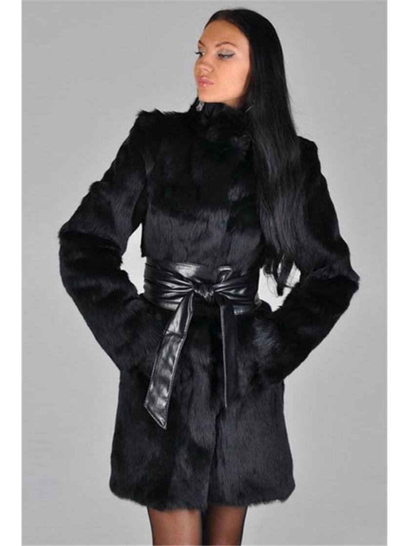 New Women s Winter Mid-Length Faux Rabbit Fur Coat S чёрный