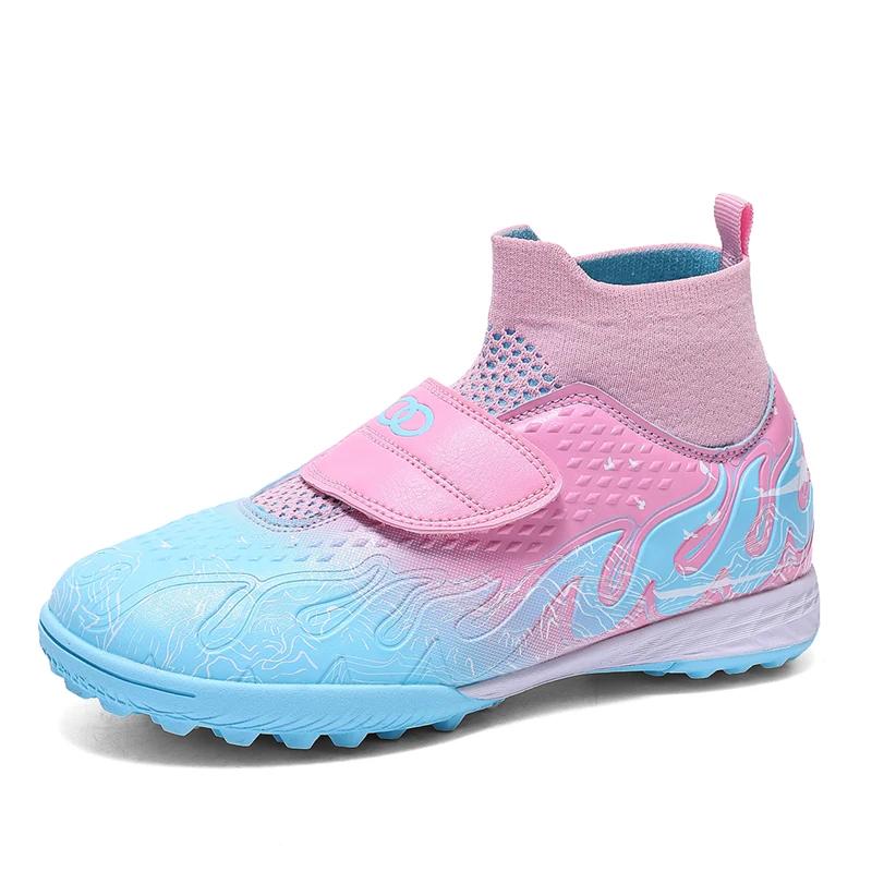 High Quality Turf Soccer Shoes Boys Girls High Top HOOK&LOOP Kids Futsal Sneakers Fashion Green TF Football Boots For Children