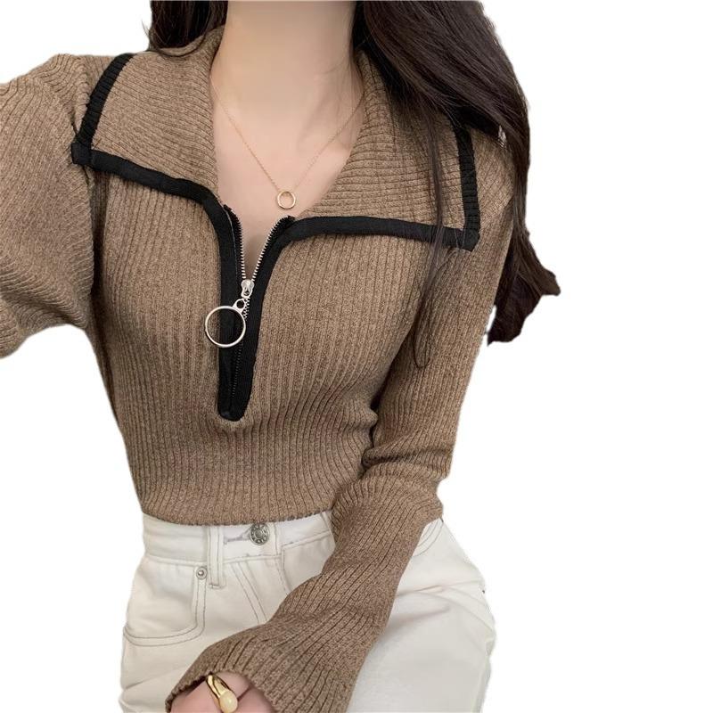 Women's Autumn and Winter Base Knitted Blouse with Color-Blocking Design Half-Zip Turn-Up Collar Slimming and Figure-Highlighting