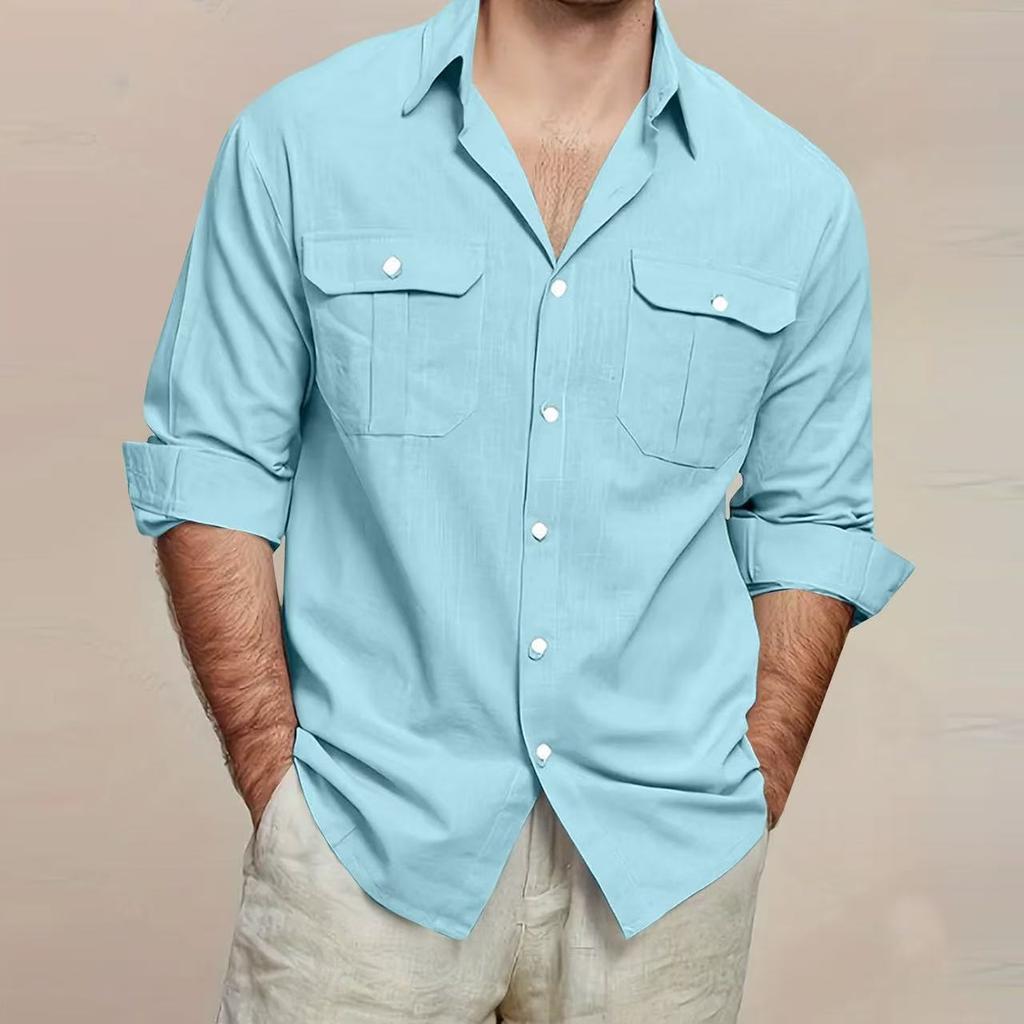 Camicia da uomo a maniche lunghe in cotone con doppia tasca, colori casual