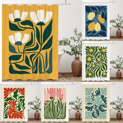 Cortina de Ducha Estampada de Plantas y Flores Abstractas Artísticas Tela de Poliéster Cortina de Baño Con Ganchos Cortinas Para Decoración de Baño