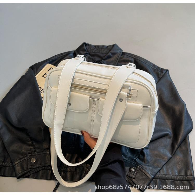 Popular texture retro underarm bag women's 2025 new Korean foreign style portable double pocket PU leather shoulder Boston bag