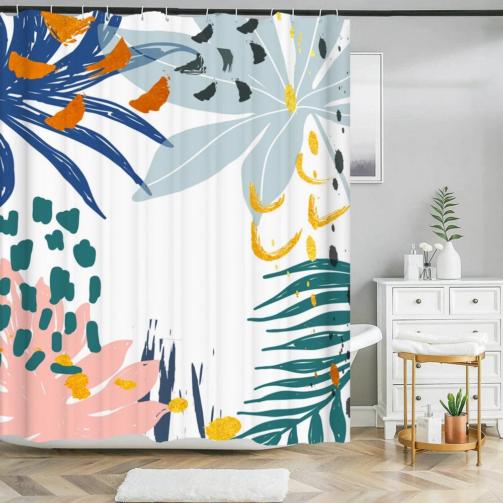 Nordic Style Abstract Art leaves Shower Curtain Waterproof Polyester Bath Curtain Morandi Color Block Curtain For Bathroom Decor