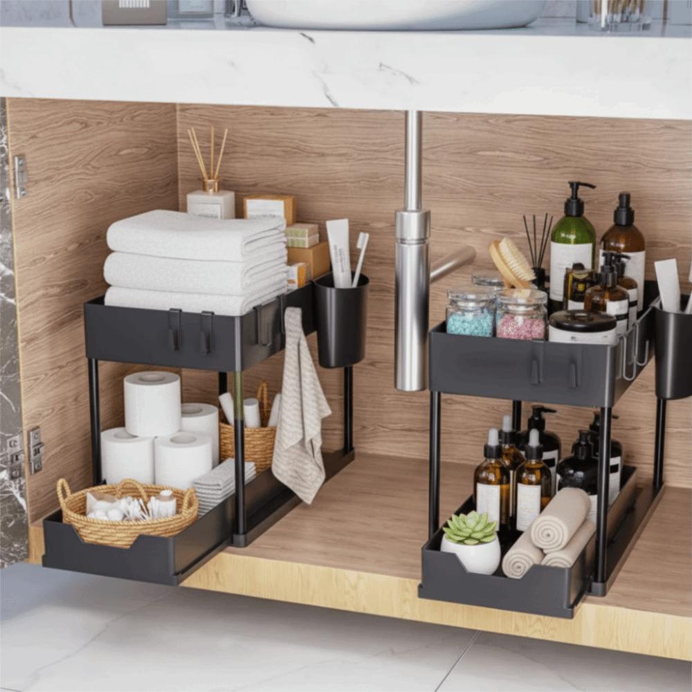2 Tier Kitchen Sink Organizer Multi-function Hanging Cup Storage Rack Space-Saving Sliding Inner Basket Under Sink Organizer