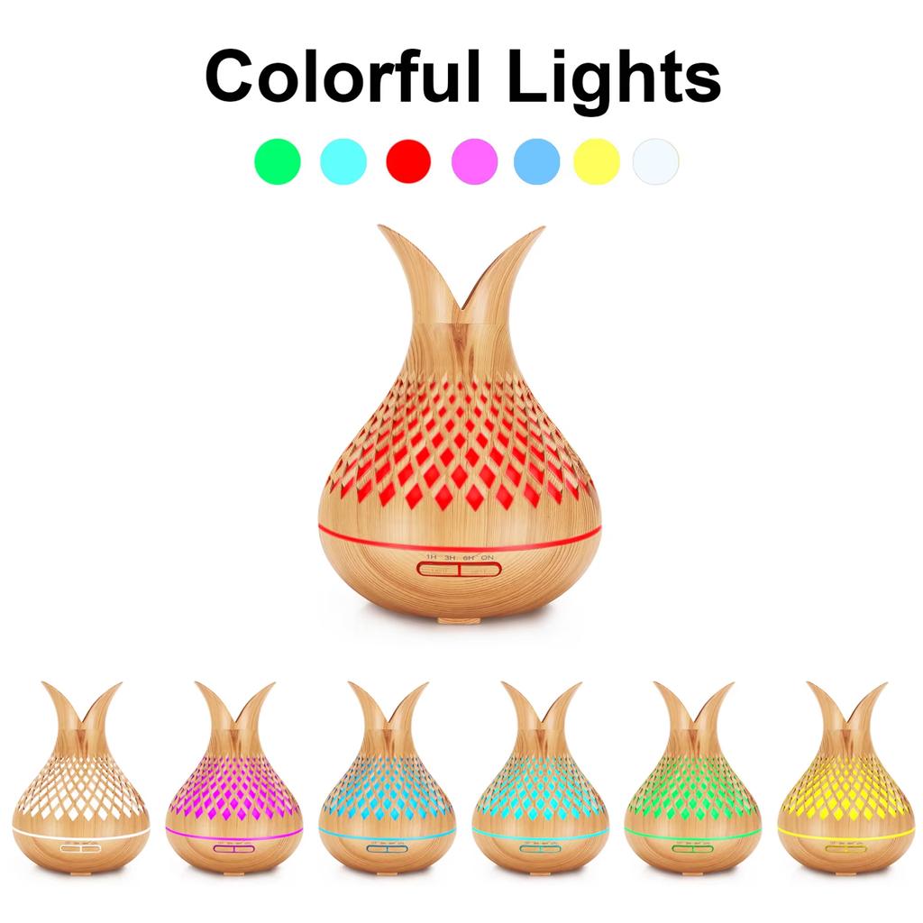 Umidificator de aer cu ulei esențial nou, 400/500ML, ceață, ceață rece, aromaterapie, acasă, USB, 7 culori, cu LED, lumină de noapte, parfum, difuzor din lemn