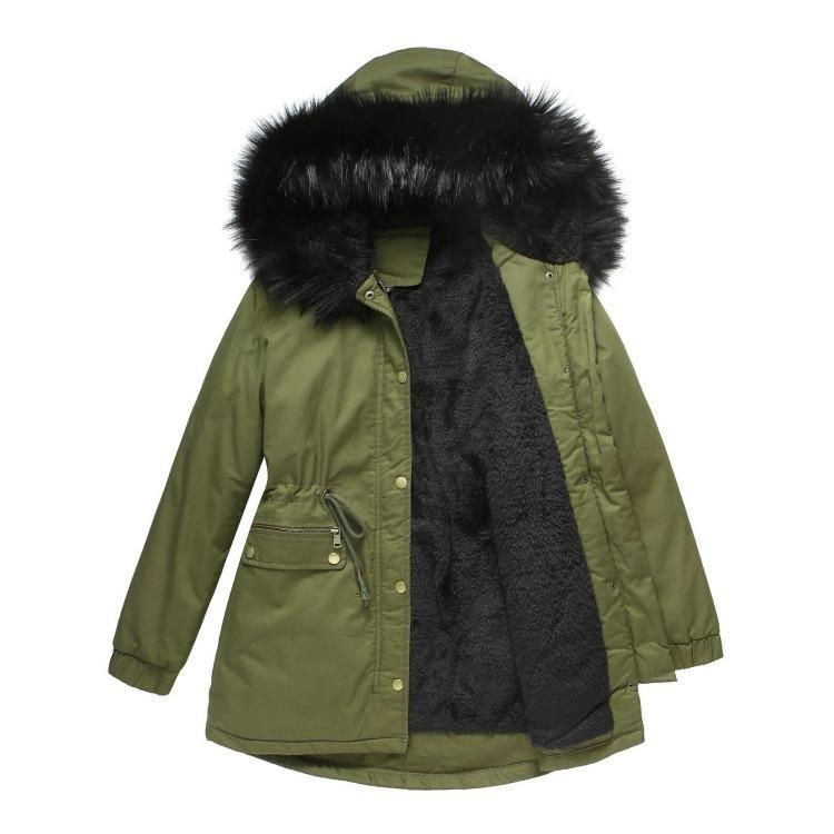Warm Fluffy Winter Jacket Medium Long Hooded Collar Parker Coat Cotton Zipper Coat