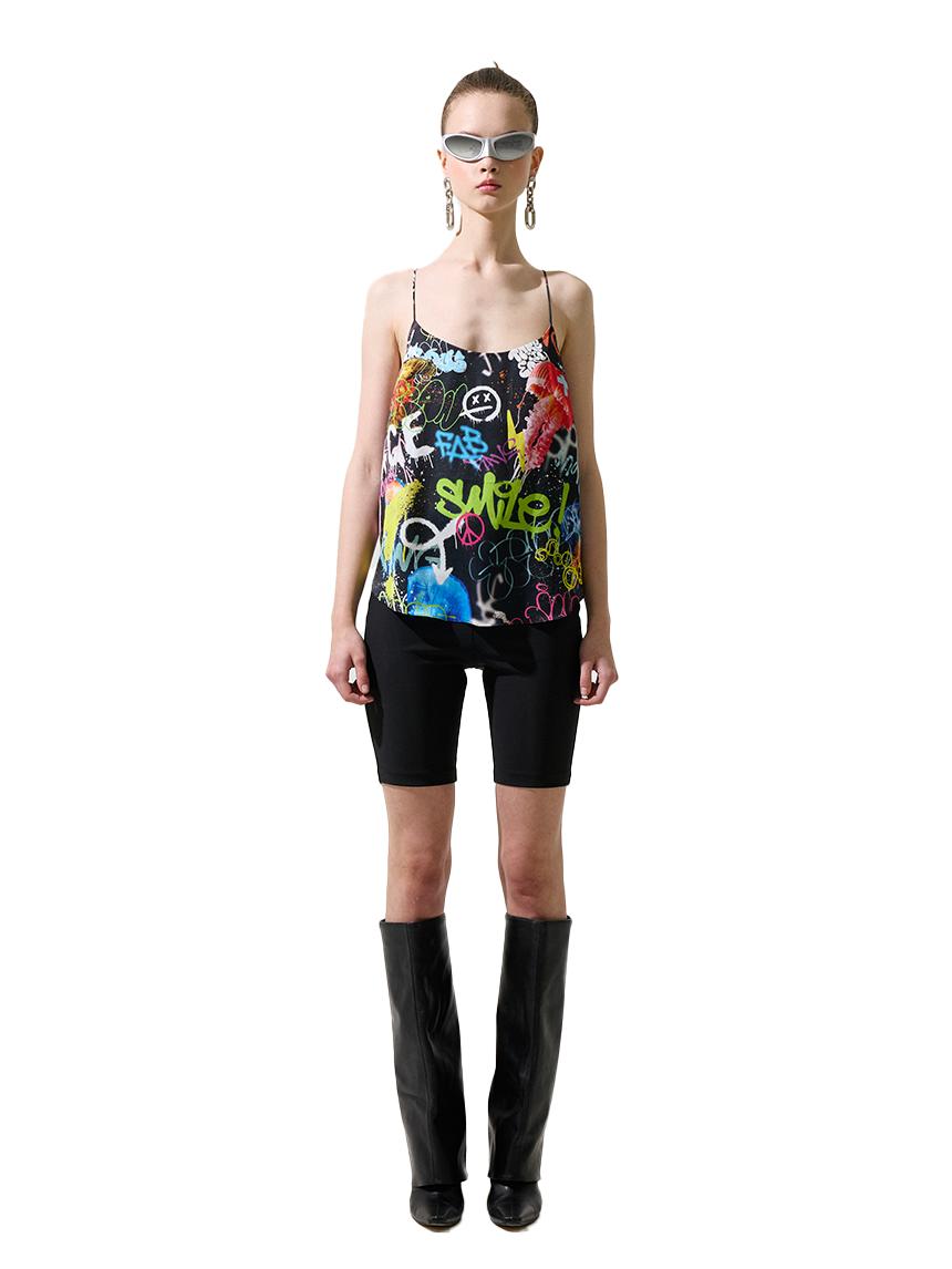 Greedius Black Graffiti Spaghetti Strap Sleeveless Top L