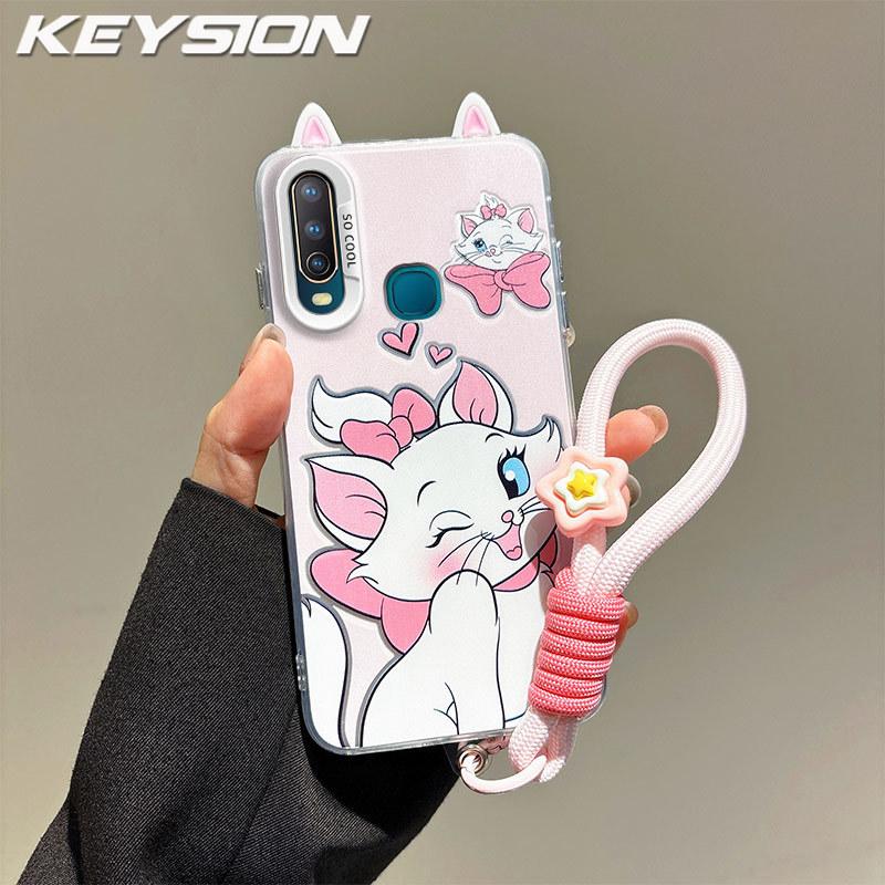 KEYSION Cute Ear Cartoon Case for VIVO Y17 Y15 Y12 with Lanyard Soft Silicone+PC Shockproof Phone Back Cover for VIVO Y11 2019
